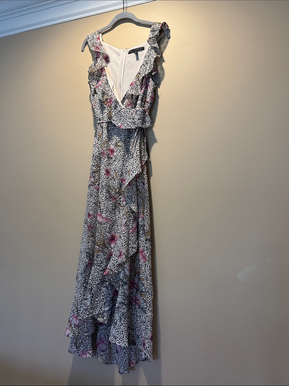 White House Black Market White Maxi Dress with Pink Floral and Black Speckle